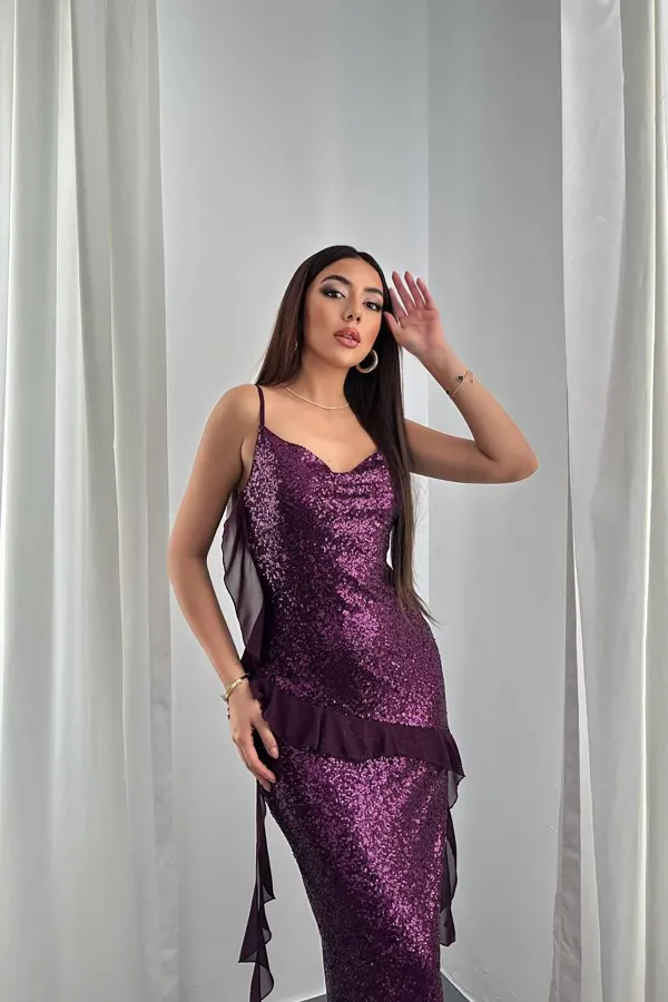 Robe à volants en mousseline à sequins violette en gros