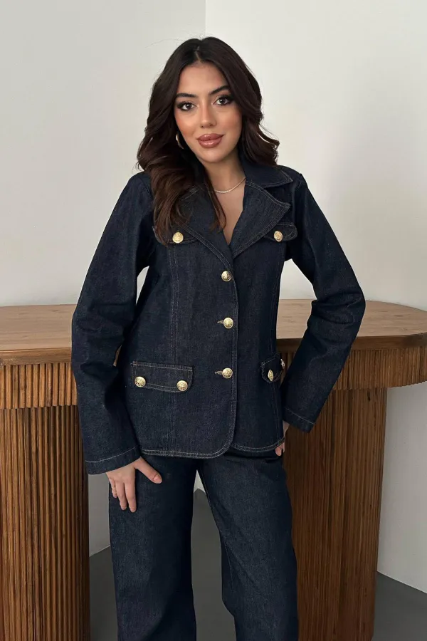 Toptan Mavi Gold Düğmeli Kot Takım