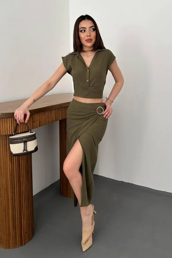 Toptan Haki Keten Gömlek Ve Etek Takım