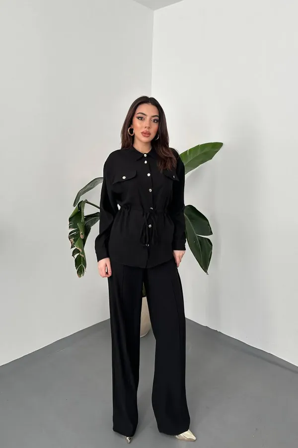 Toptan Siyah Düğme Detaylı Gömlek Ve Nervürlü Pantolon