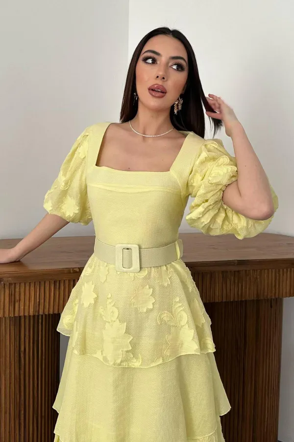 Wholesale Yellow Balloon Sleeve Layered Dress