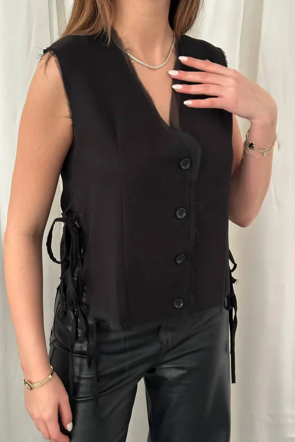 Toptan Siyah Yanları Bağcıklı Yelek