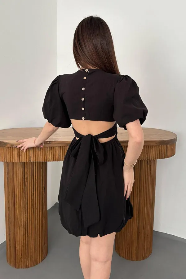 Toptan Siyah Arkadan Bağlamalı Keten Elbise