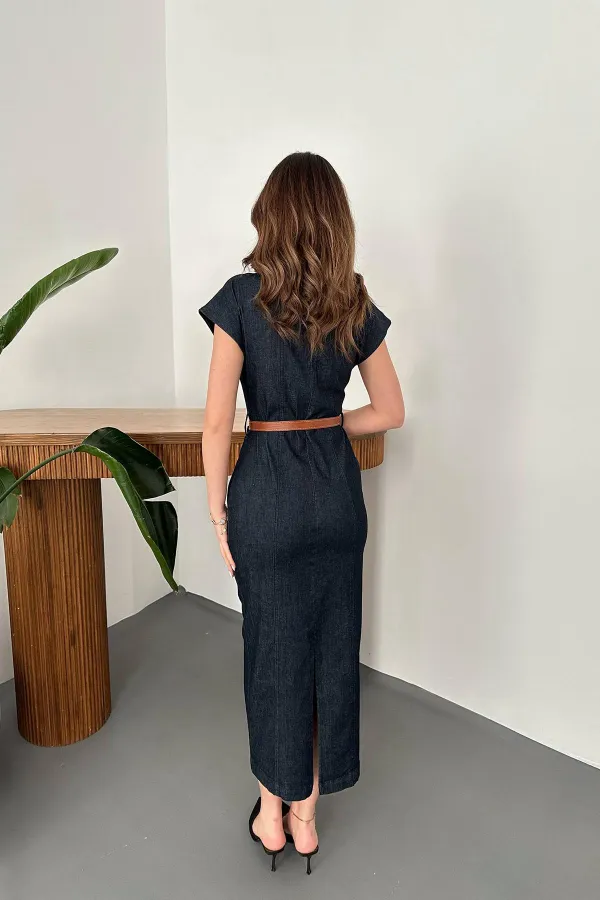 Toptan Mavi İnce Kot Uzun Elbise