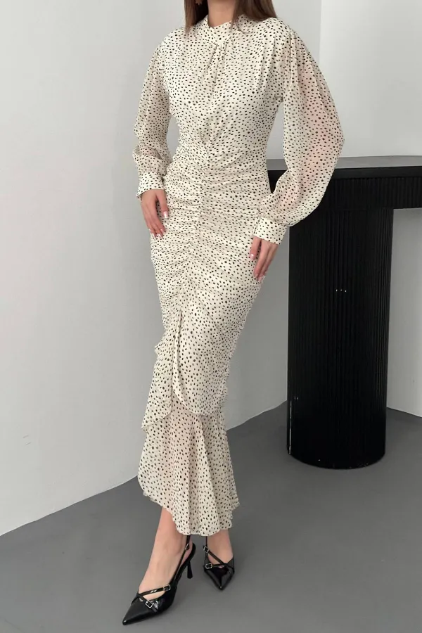 Toptan Bej Balık Şifon Elbise