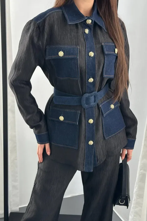 Ensemble chemise et pantalon à poches noires garnies en gros