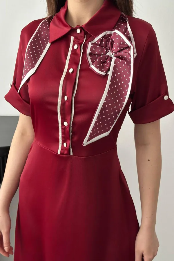 Toptan Bordo Fular Detaylı Saten Elbise