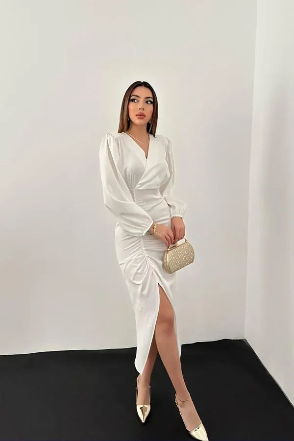 Toptan Beyaz V Yaka Saten Elbise