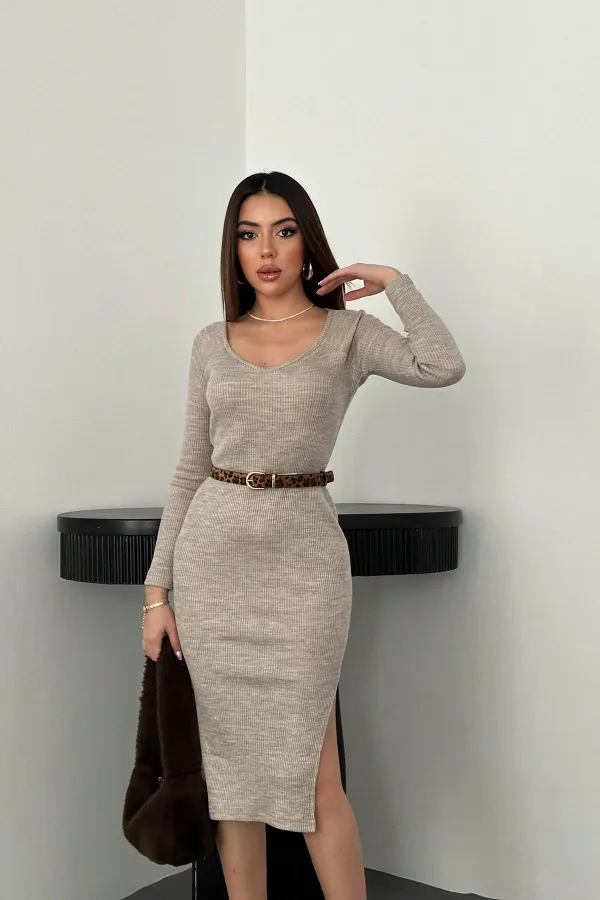 Wholesale Beige Knit Dress with Slit Skirt