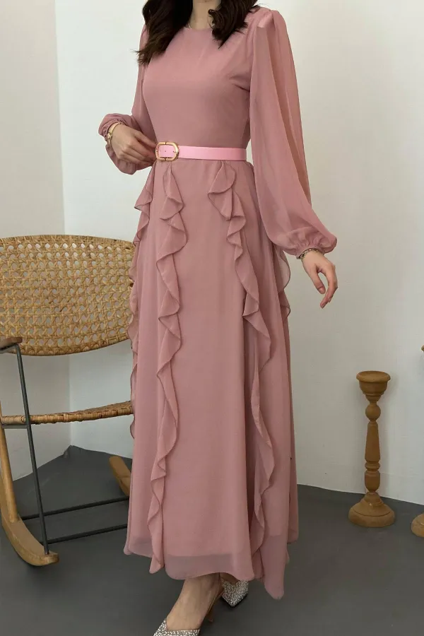 Wholesale Pink Belted Chiffon Dress