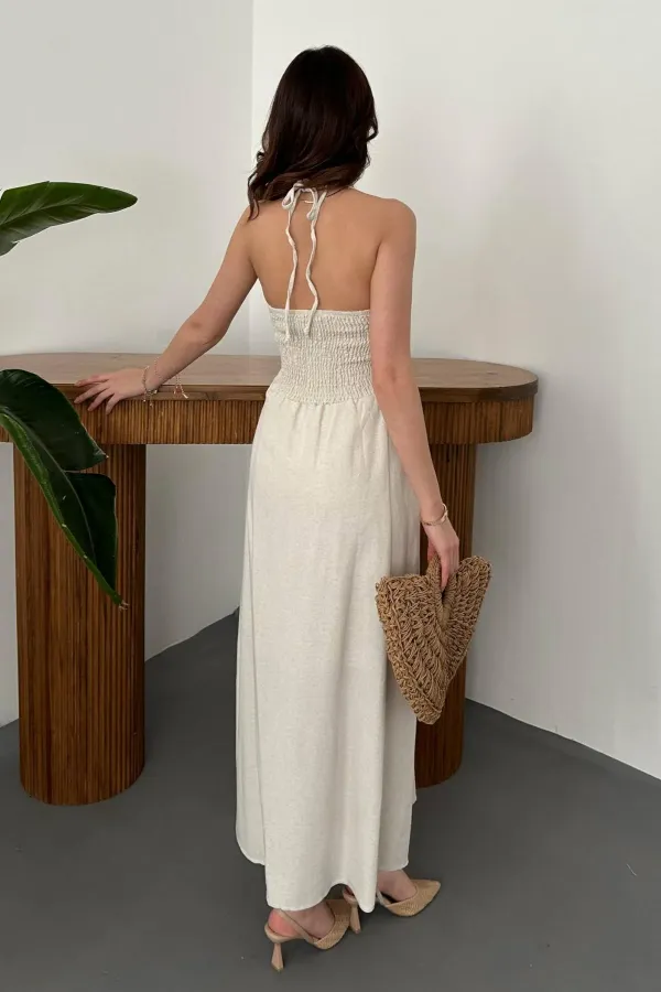 Robe en lin beige avec dentelle au dos, vente en gros