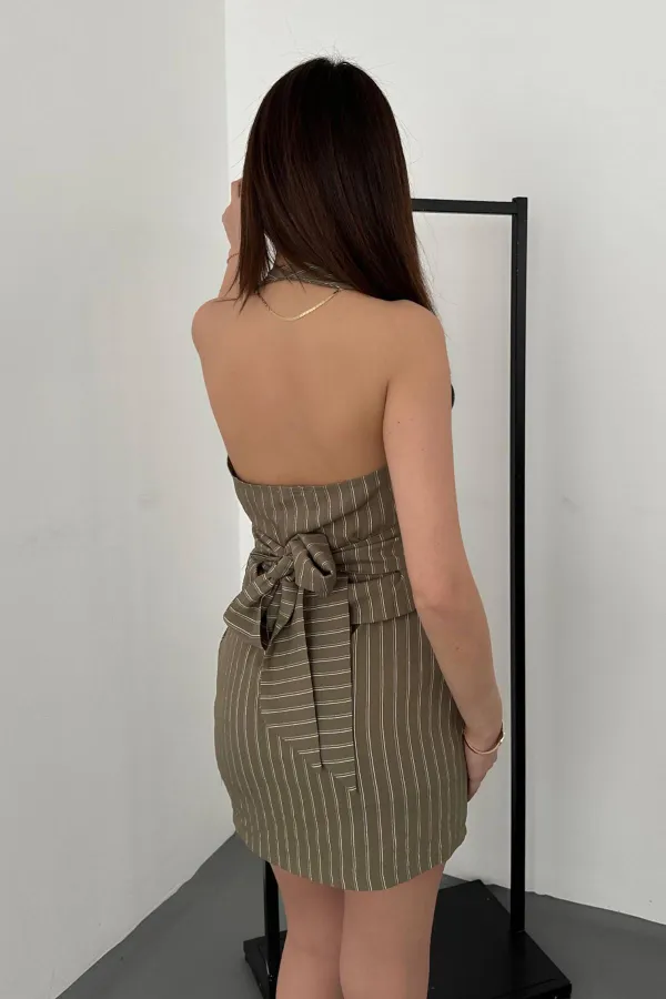 Toptan Haki Çizgili Yelek Ve Etek Takım