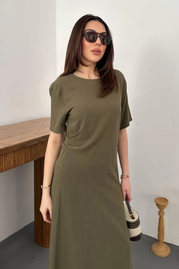 Toptan Haki Pileli Bisiklet Yaka Elbise