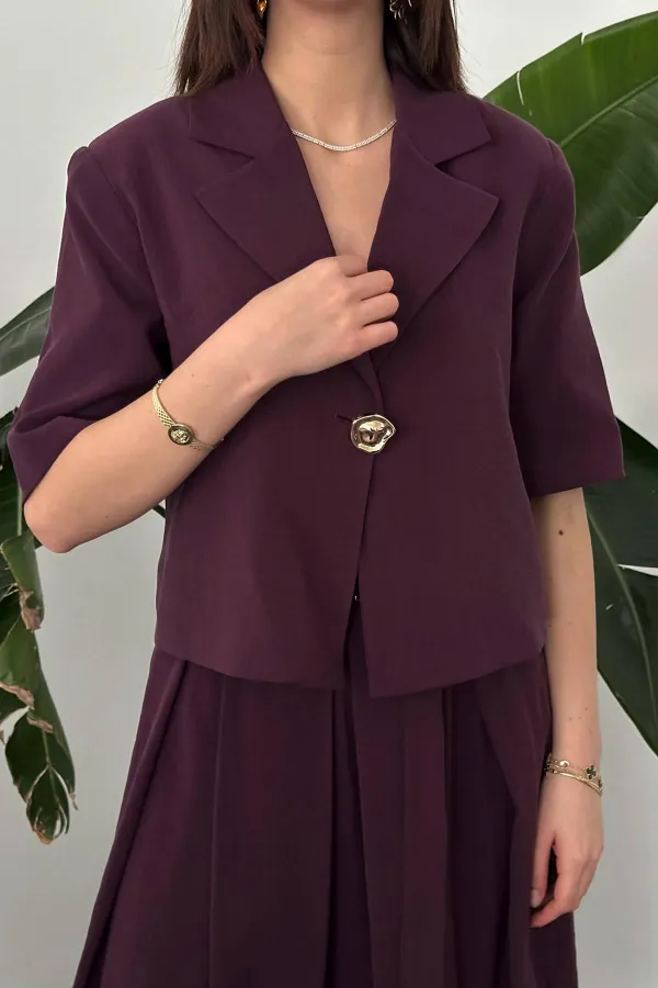 Wholesale Plum Single Button Short Jacket and Skirt Set