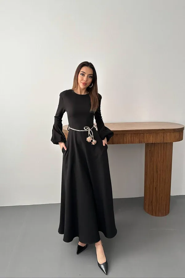 Toptan Siyah Balon Kollu Kuşaklı Elbise