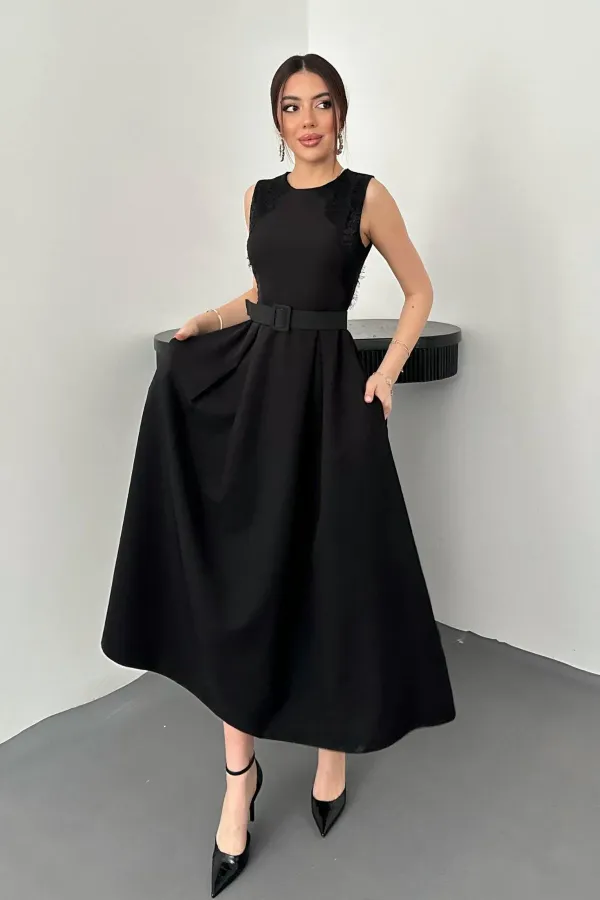 Toptan Siyah Kolevi Dantelli Elbise