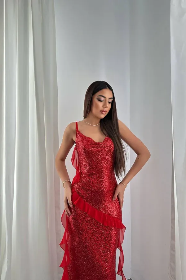 Robe à volants en mousseline rouge à sequins, vente en gros