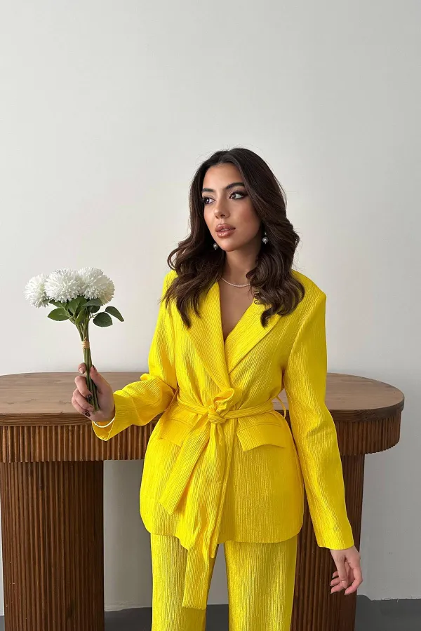 Toptan Neon Beli Kuşaklı Ceket Ve Pantolon Parlak Takım