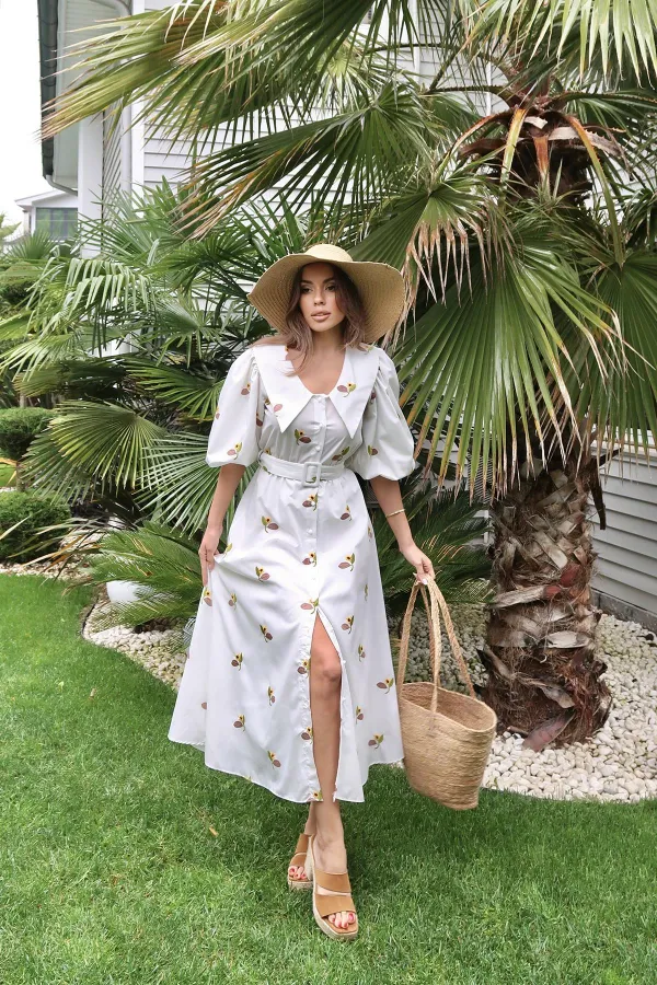 Toptan Kahverengi Yakası Çiçek Motifli Kemerli Elbise