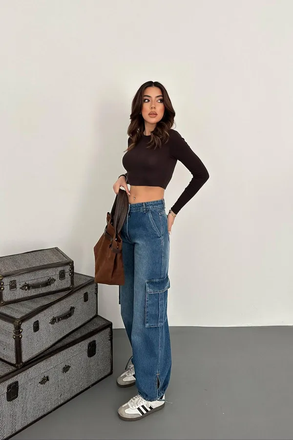 Toptan Mavi Yan Cepli Jeans Pantolon