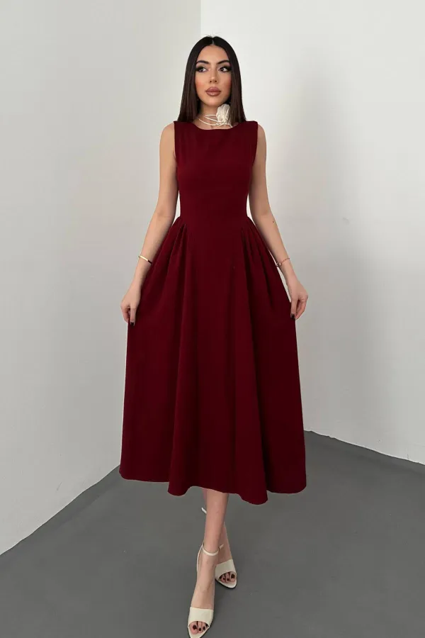 Toptan Bordo Yanları Büzgülü Midi Boy Keten Elbise