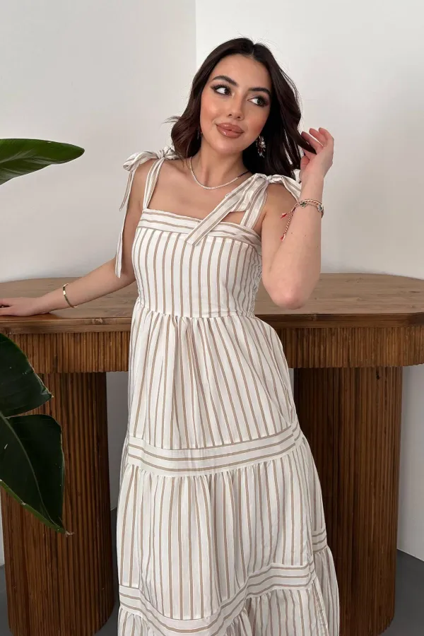 Toptan Bej Omuzdan Bağlamalı Çizgili Elbise