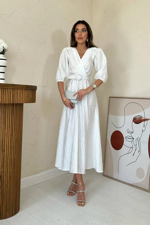 Toptan Beyaz Işıltılı Kemerli Kruvaze Elbise