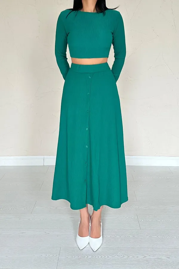 Ensemble chemisier et jupe en velours côtelé vert en gros