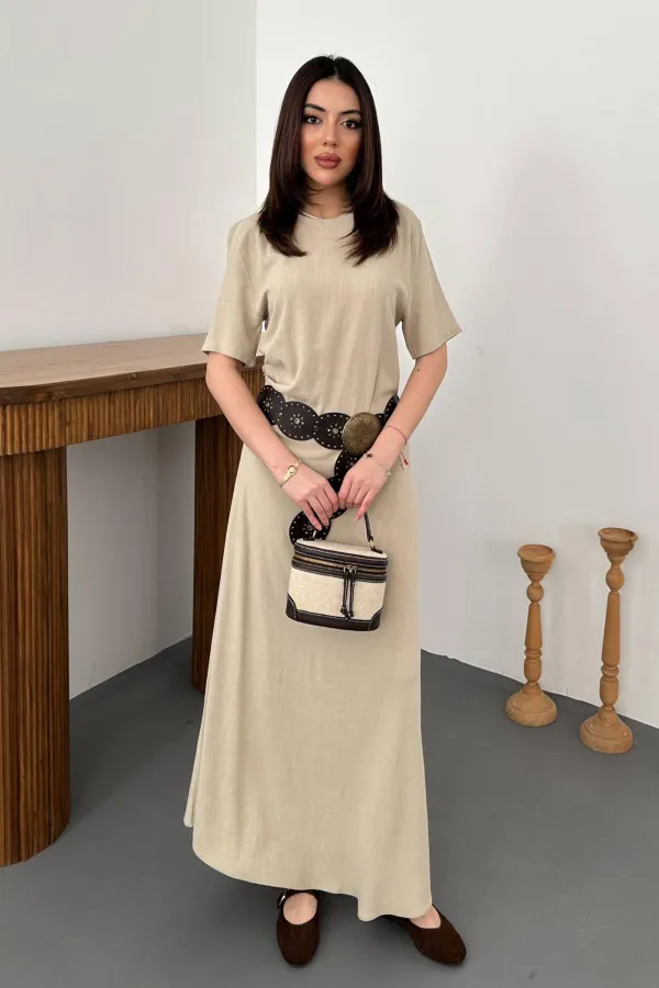 Robe beige plissée à col rond en gros