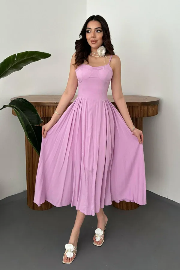 Toptan Lila Göğüs Kuplu Uzun Büzgülü Elbise