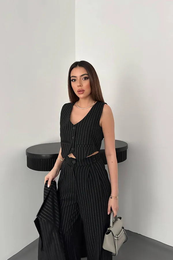 Ensemble veste, gilet et pantalon rayés noirs en gros