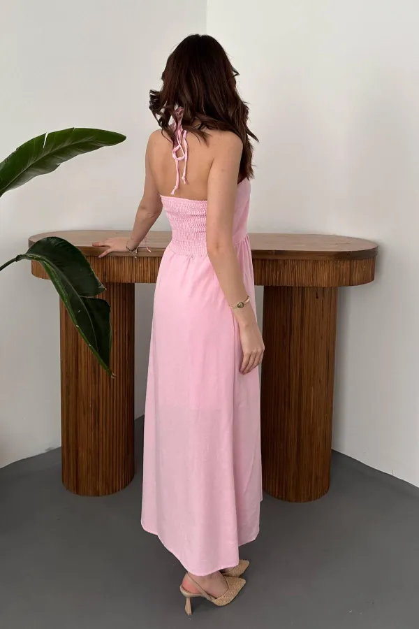 Toptan Pembe Arkası Gipeli Keten Elbise