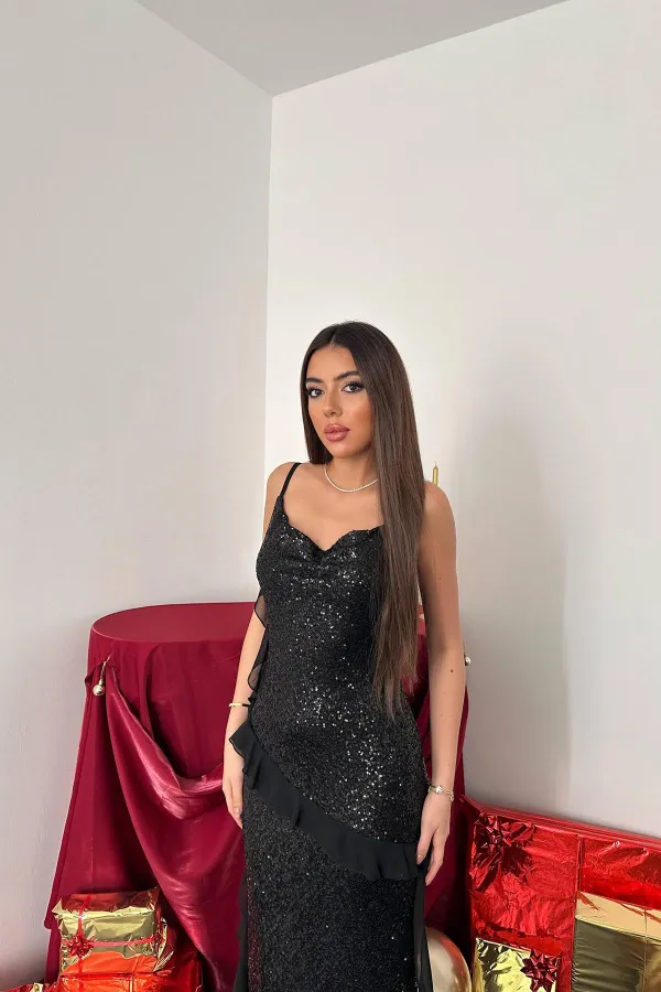 Wholesale Black Sequined Chiffon Ruffle Dress