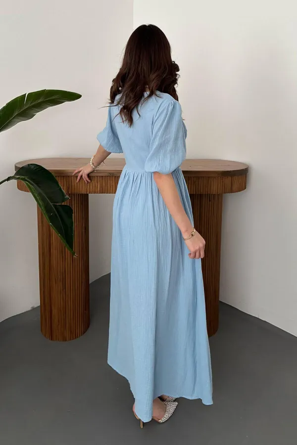 Robe longue en mousseline bleu ciel en gros