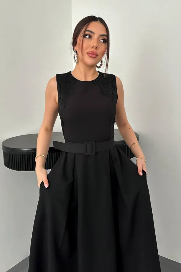 Toptan Siyah Kolevi Dantelli Elbise