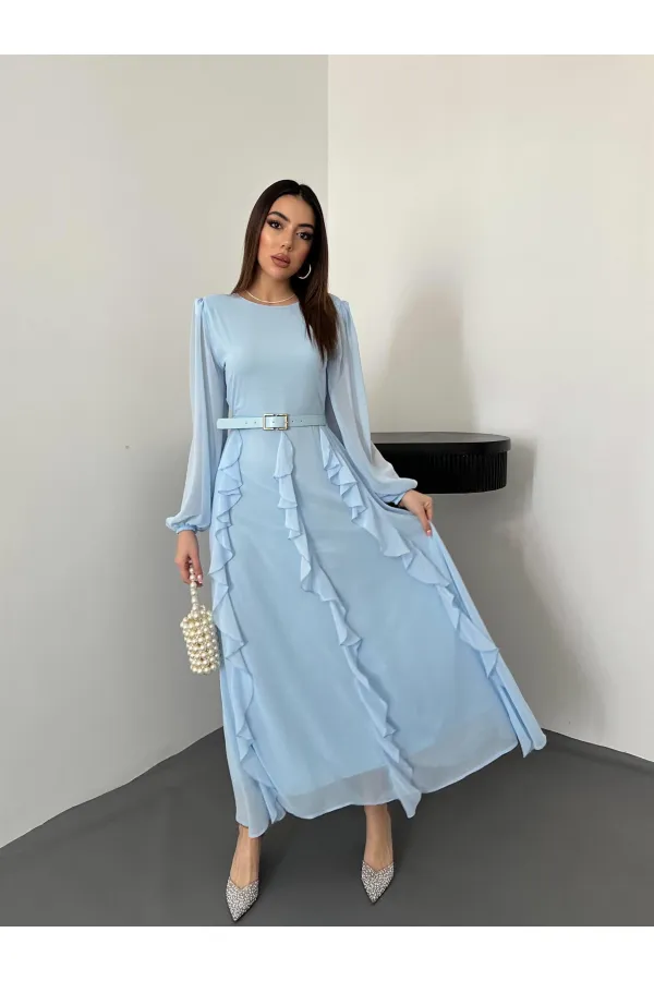 Robe en mousseline bleu ciel avec ceinture, vente en gros