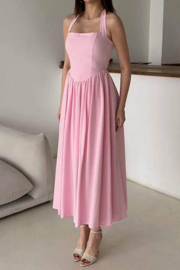 Wholesale Pink Halter Neck Linen Dress