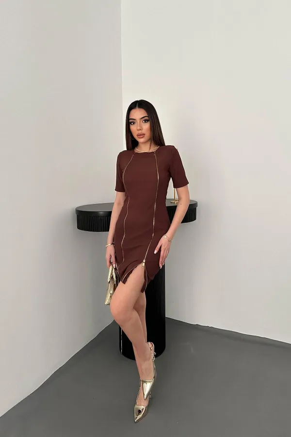 Toptan Kahverengi Fermuarlı Ottoman Elbise