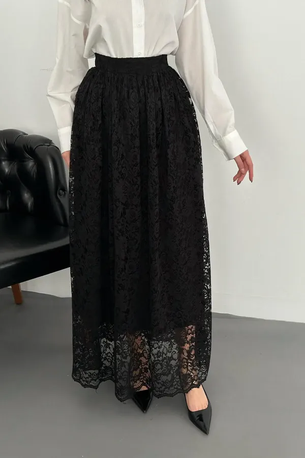 Toptan Siyah Dantelli Uzun Etek