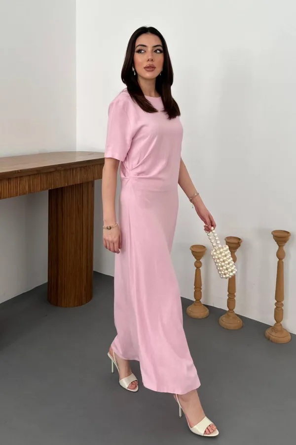 Toptan Pudra Pileli Bisiklet Yaka Elbise