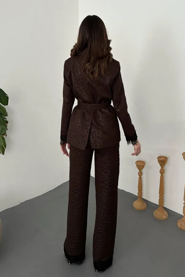 Toptan Kahverengi Kolları Dantelli Takım