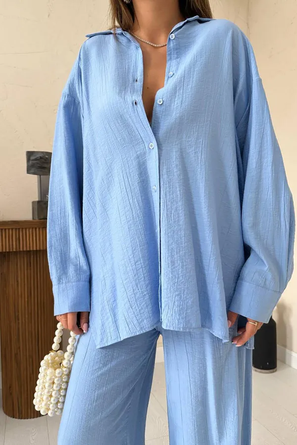 Ensemble chemise et pantalon ample bleu Alice en gros