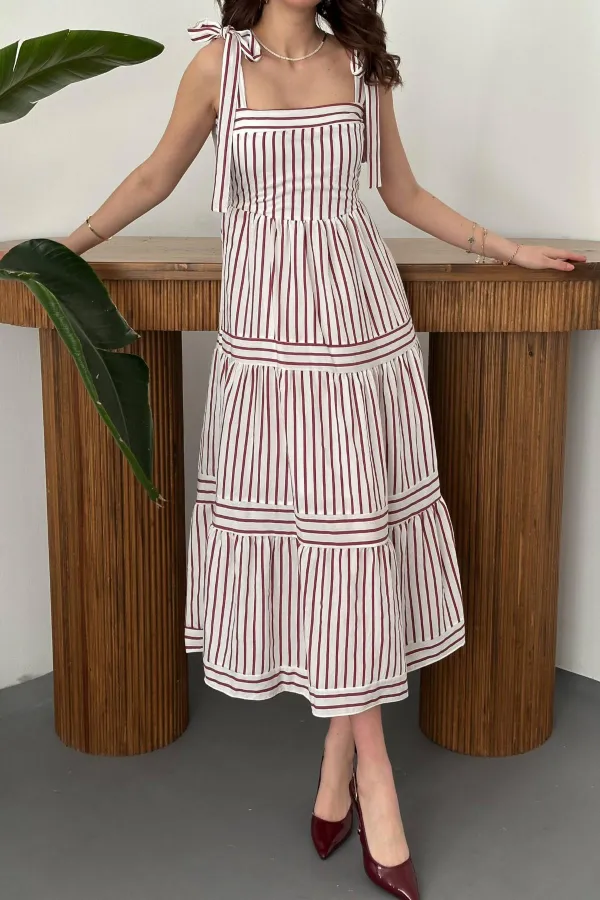 Toptan Bordo Omuzdan Bağlamalı Çizgili Elbise