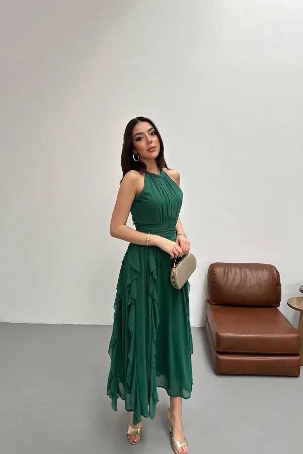 Toptan Zümrüt Önü Büzgülü Fırfırlı Elbise