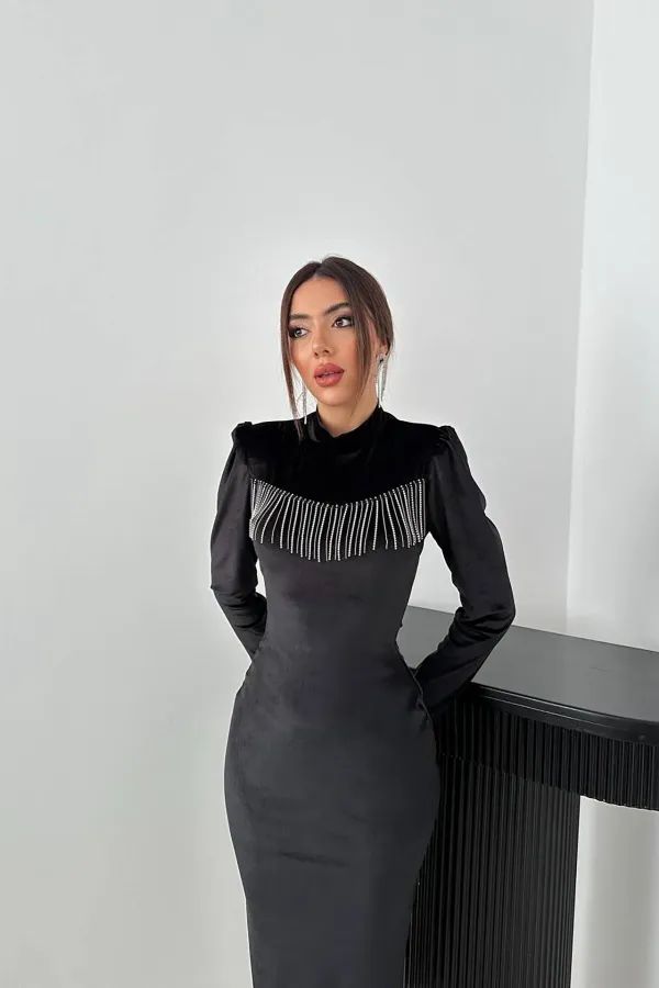 Toptan Siyah Kadife Işıltılı Elbise