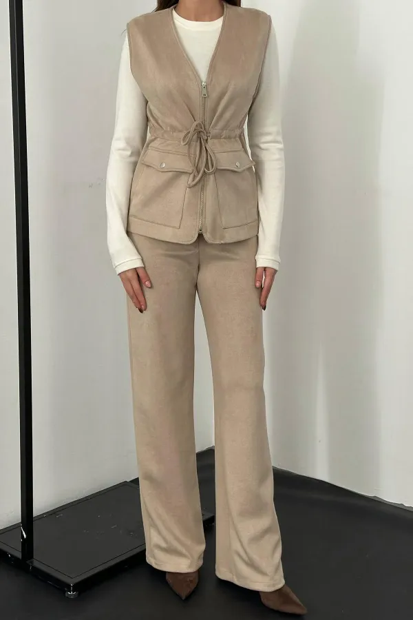 Ensemble gilet et pantalon en daim beige en vente en gros
