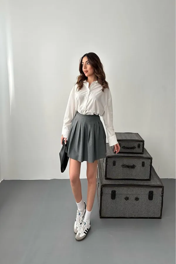 Toptan Gri Pilikaşe Mini Etek