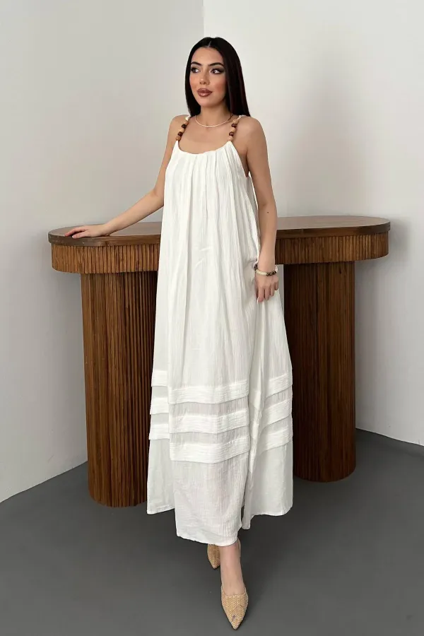 Toptan Ekru Askılı Müslin Elbise