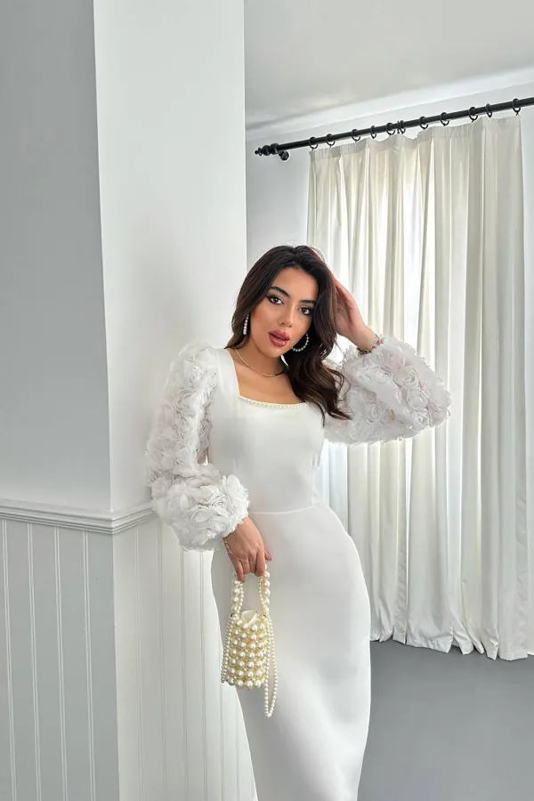 Wholesale Ecru Floral Sleeved Atlas Dress