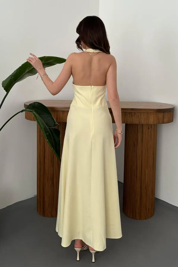 Toptan Sarı Atlas Göğüs Kuplu Elbise